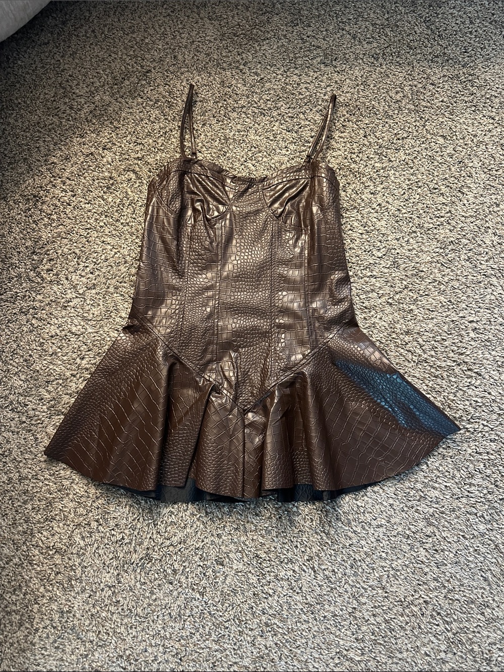 Faux Croc Peplum Cami Dress - Dark Brown